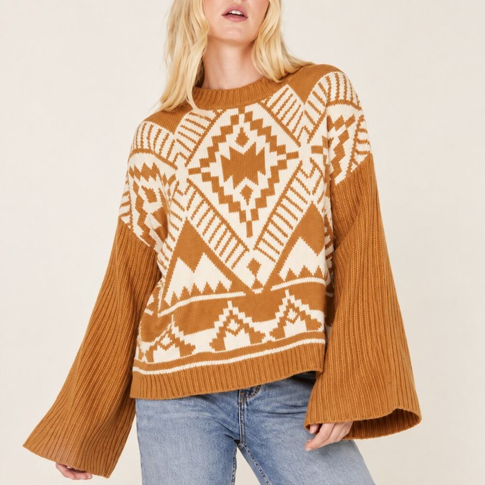 Wrangler Retro Southwestern Knit Bell Sleeve Sweater Mustard Yellow White Small